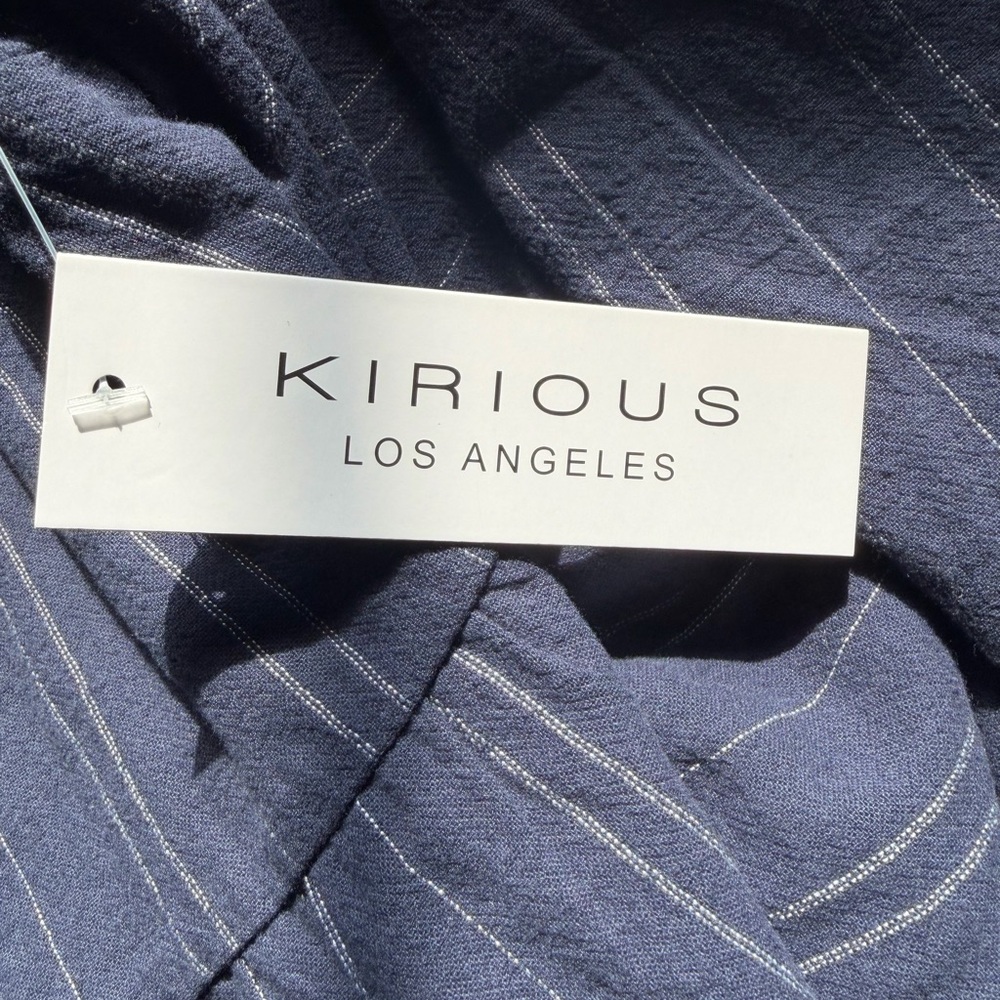 KIRIOUS LA Navy Pinstripe Tie Front Peplum Blouse Boho Cottagecore Top M NWT - Picture 11 of 11